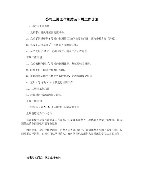 公司上周工作总结及下周工作计划