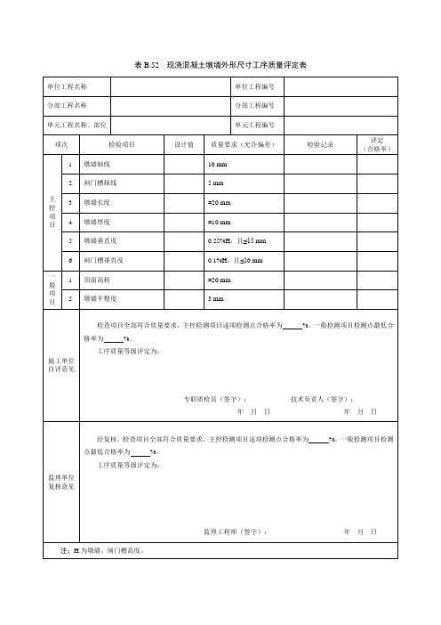 现浇混凝土河道堤防挡墙外形尺寸工序质量评定表