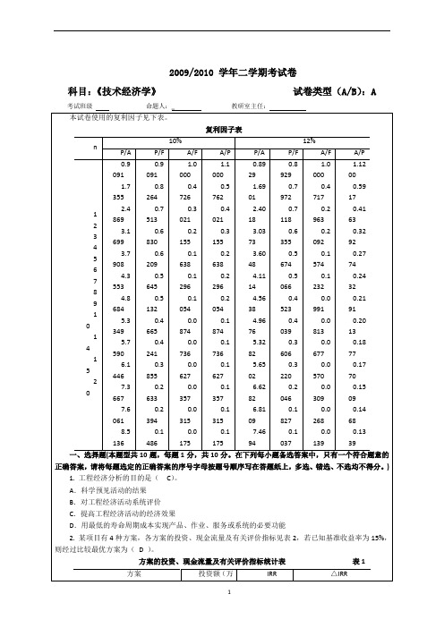 -工程经济学试卷A带答案