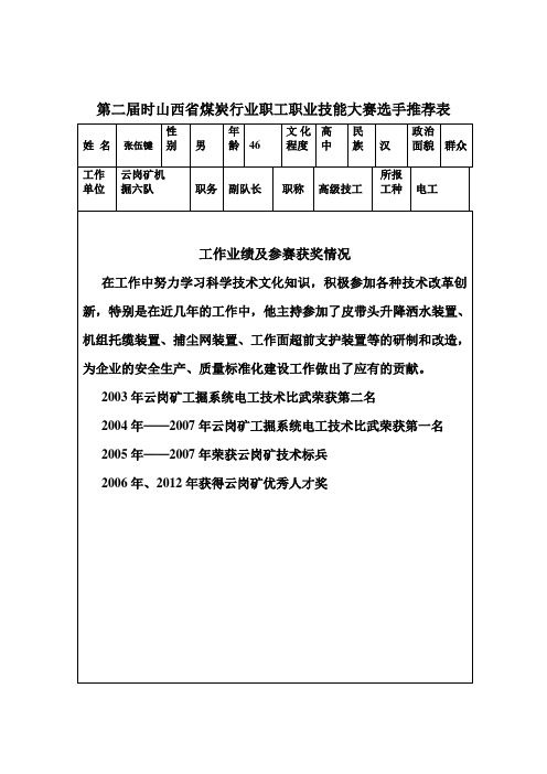第二届时山西省煤炭行业职工职业技能大赛选手推荐表