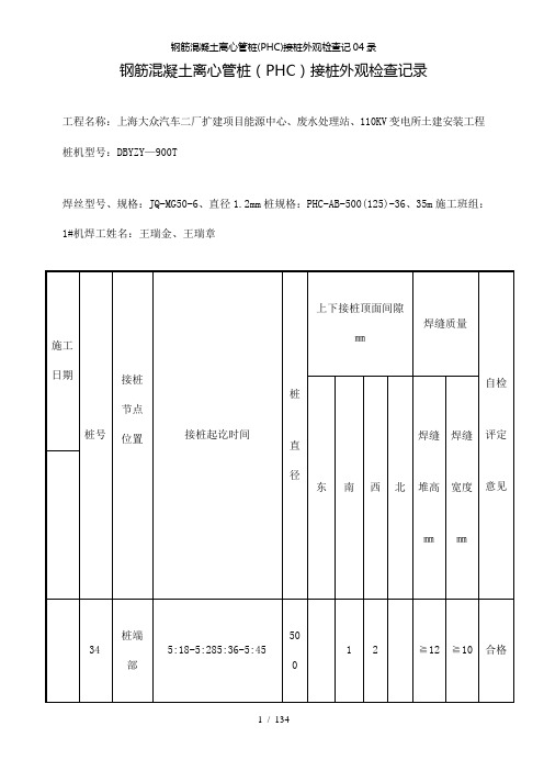 【精品】钢筋混凝土离心管桩(PHC)接桩外观检查记04录