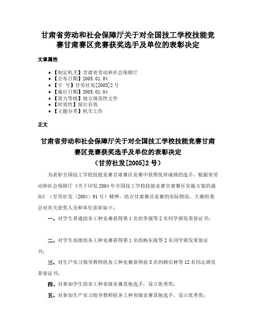 甘肃省劳动和社会保障厅关于对全国技工学校技能竞赛甘肃赛区竞赛获奖选手及单位的表彰决定