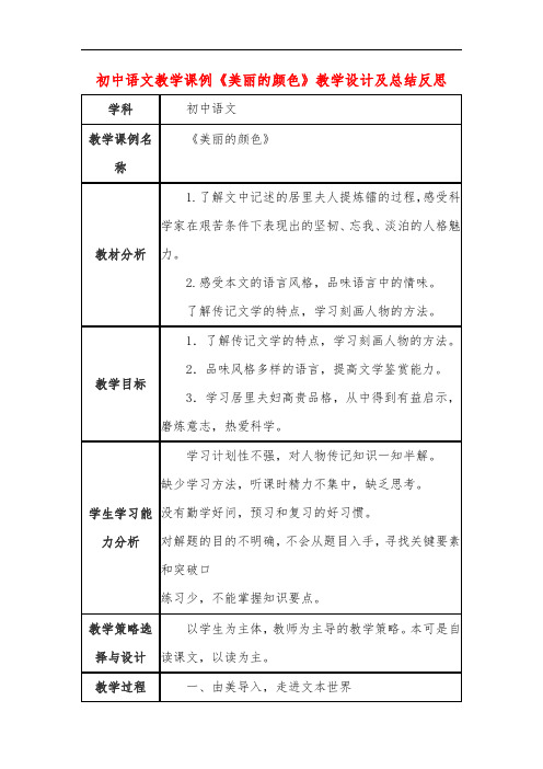 初中语文教学课例《美丽的颜色》课程思政核心素养教学设计及总结反思