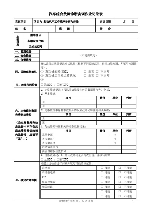 汽车综合故障诊断实训作业记录表(起动机不工作故障诊断与排除)