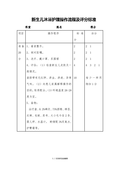 新生儿沐浴护理操作流程及评分标准