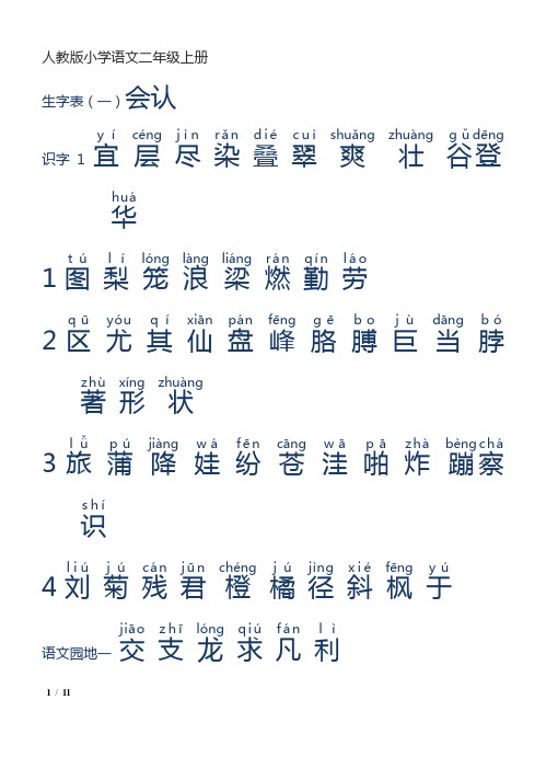 人教版小学语文二年级上册生字表(生字表1+2)