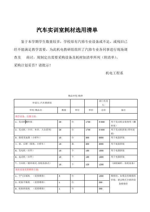 汽车实训室耗材选用清单