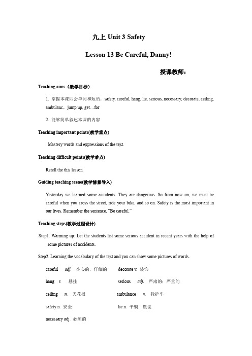 冀教版英语九年级全一册 Unit 3：Lesson 13 Be Careful,Danny!. 教案