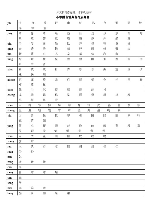 小学拼音前鼻音与后鼻音对照表