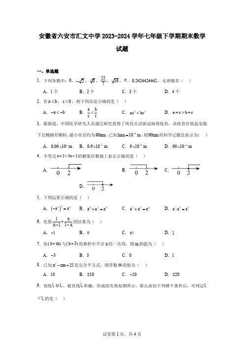 安徽省六安市汇文中学2023-2024学年七年级下学期期末数学试题