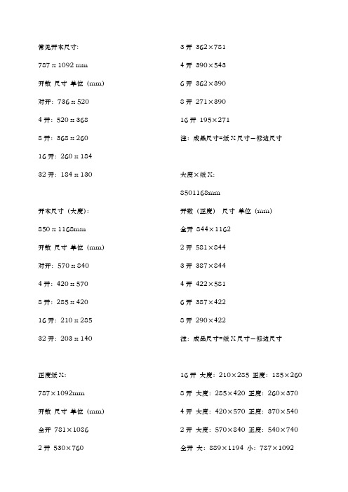 各开本纸张的具体尺寸