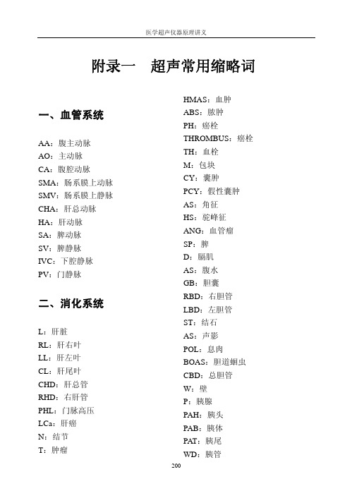 附录1 超声常用缩略词