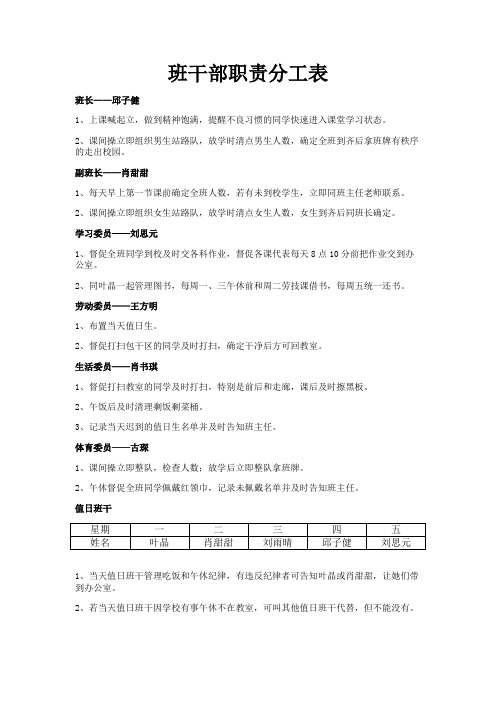 班干部职责分工表