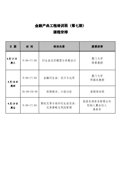 金融产品工程培训班(第七期)课程安排