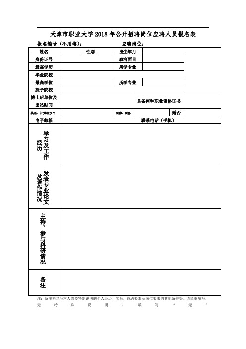 天津市职业大学2018年公开招聘岗位应聘人员报名表