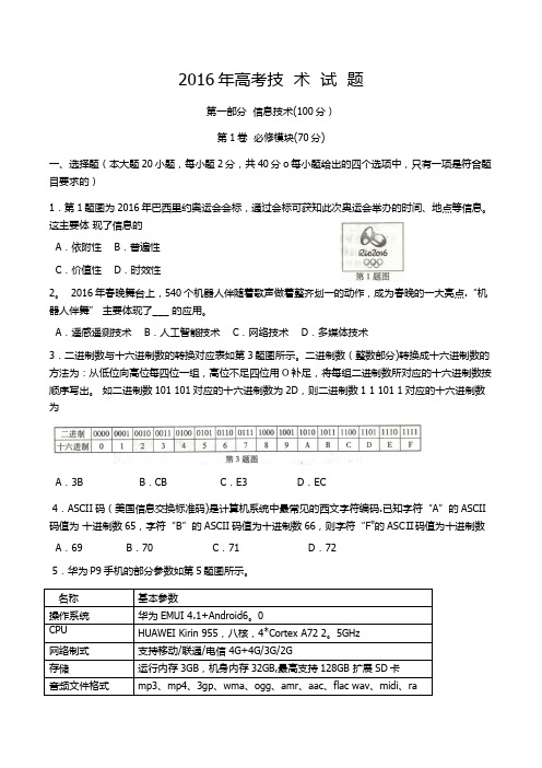 2016年江西省信息技术高考真题(附答案)【精选文档】