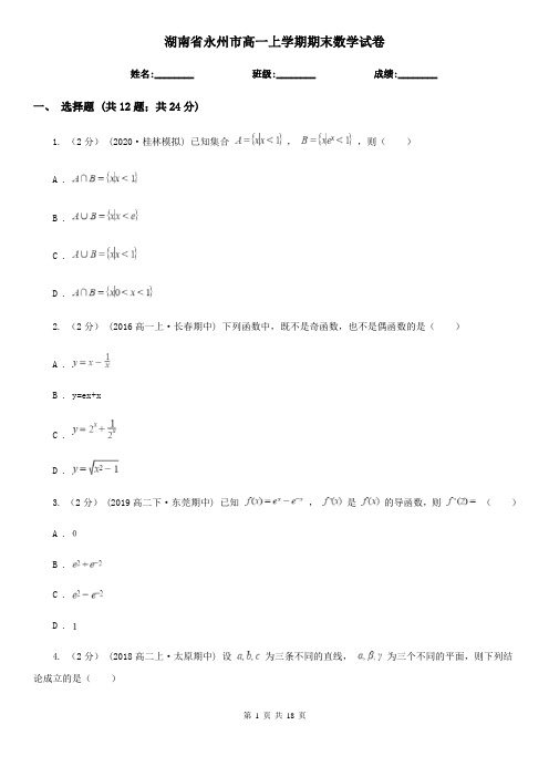 湖南省永州市高一上学期期末数学试卷