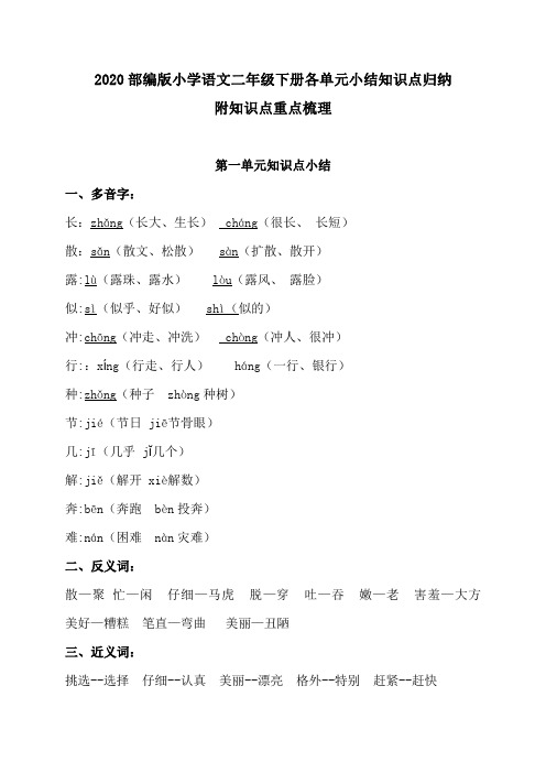 2020部编版小学语文二年级下册各单元小结知识点归纳 附知识点重点梳理(全册)