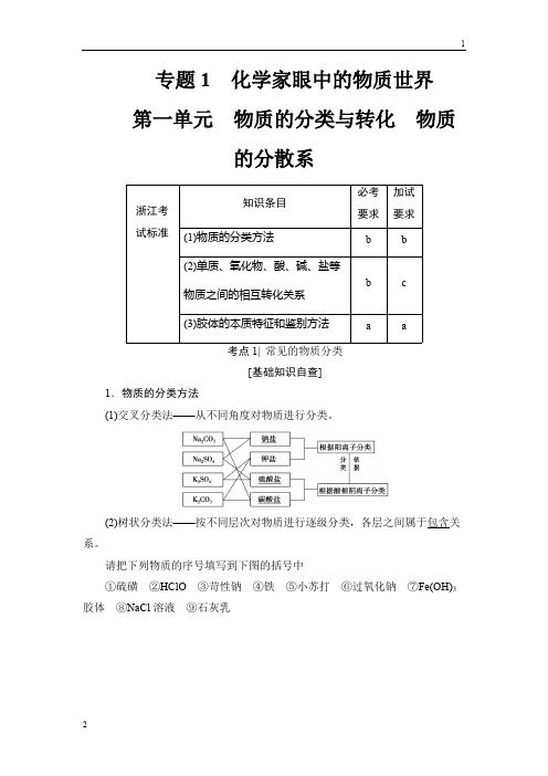 浙江省2018高考化学(选考)大一轮复习(检测)专题1 第1单元 物质的分类与转化 物质的分散系 