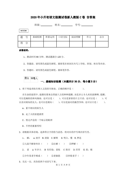 2020年小升初语文检测试卷新人教版C卷 含答案