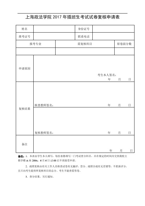 上海政法学院2017年插班生考试试卷复核申请表