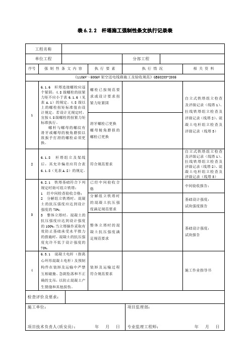 表6.2.2  杆塔施工强制性条文执行记录表