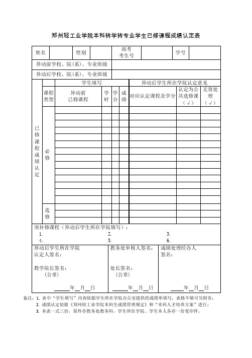 郑州轻工业学院本科转学转专业学生已修课程成绩认定表