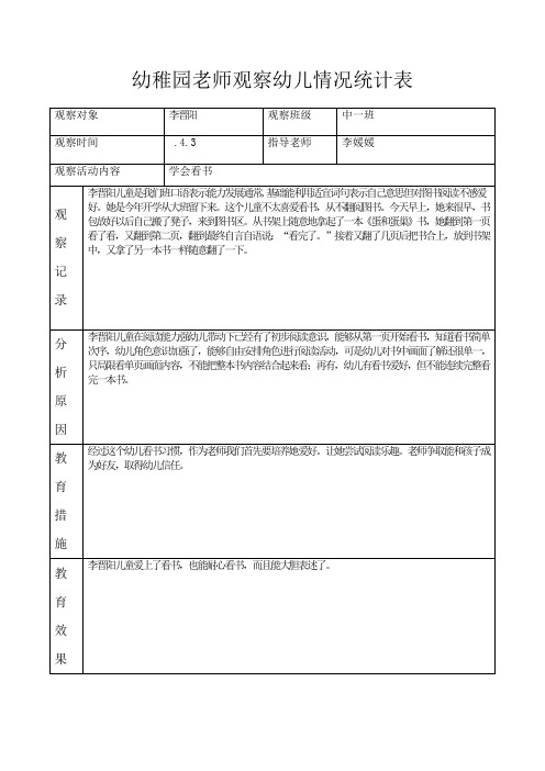 幼儿园教师观察幼儿情况记录表