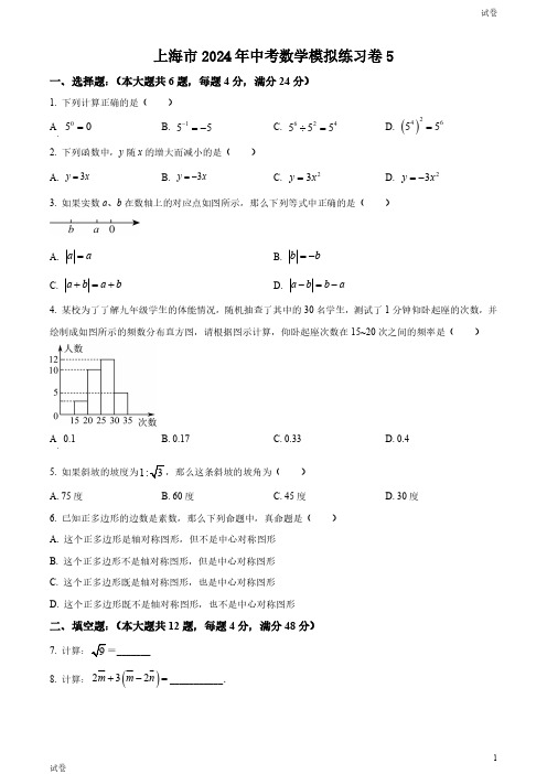 2024年上海中考数学模拟练习卷六及参考答案