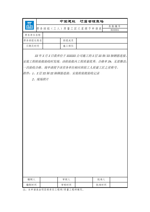 B10304 劳务班组(工人)质量工匠之星授予申请表