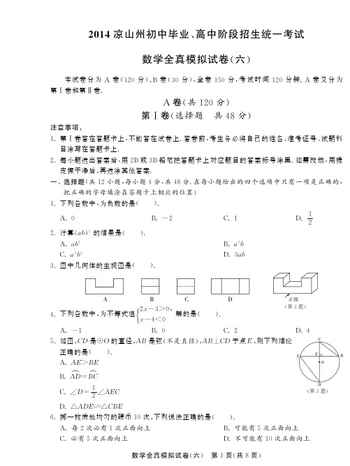 2014届四川凉山州中考数学全真模拟试卷(六)