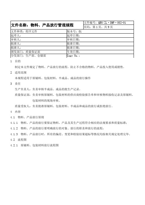 002-01物料、产品放行管理规程