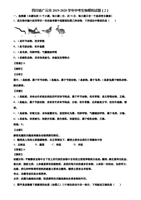 四川省广元市2019-2020学年中考生物模拟试题(2)含解析