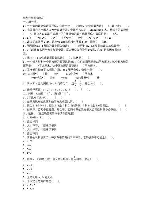 六年级下册数学试题 数与代数综合练习 冀教版(含答案)