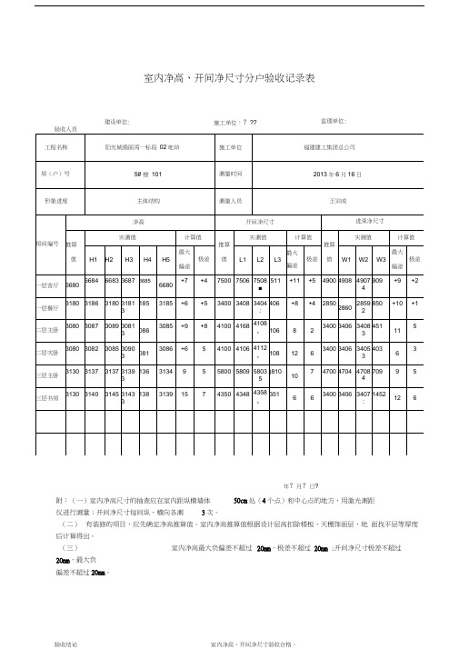 室内净高开间净尺寸分户验收记录表填写范例