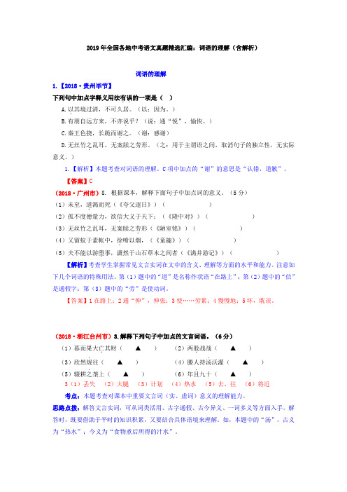 2019年全国各地中考语文真题精选汇编：词语的理解(含解析)