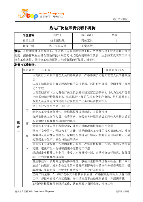 热电厂热控工岗位职责说明书