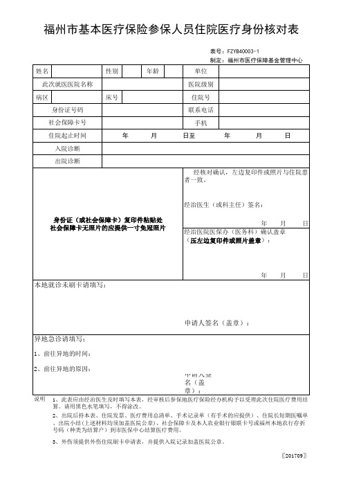 福州市基本医疗保险参保人员住院医疗身份核对表