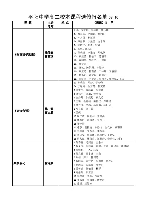 平阳中学高二校本课程选修报名单0810