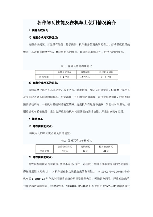 各种闸瓦性能及在机车上使用情况简介