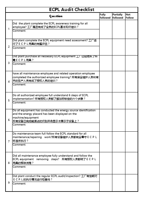 ECPL 检查清单 能源控制和动力上锁