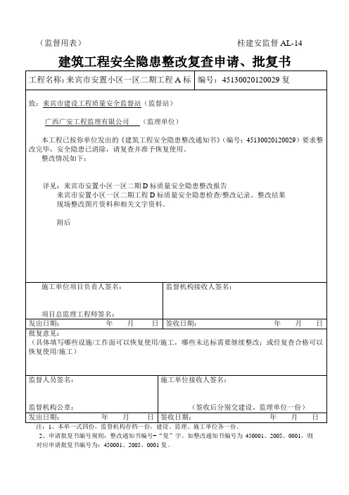 安全隐患整改复查申请、批复书(监督站)