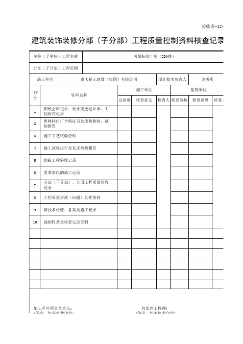 验收表-12-7 建筑装饰装修分部(子分部)工程质量控制资料核查记录