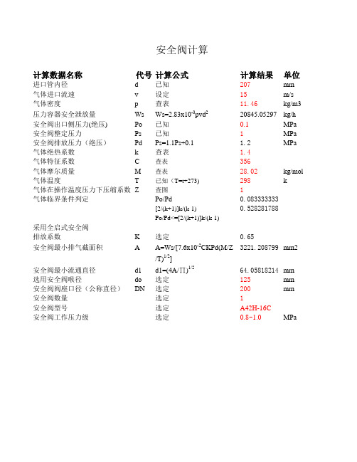 安全阀计算(气体)全启 氮气