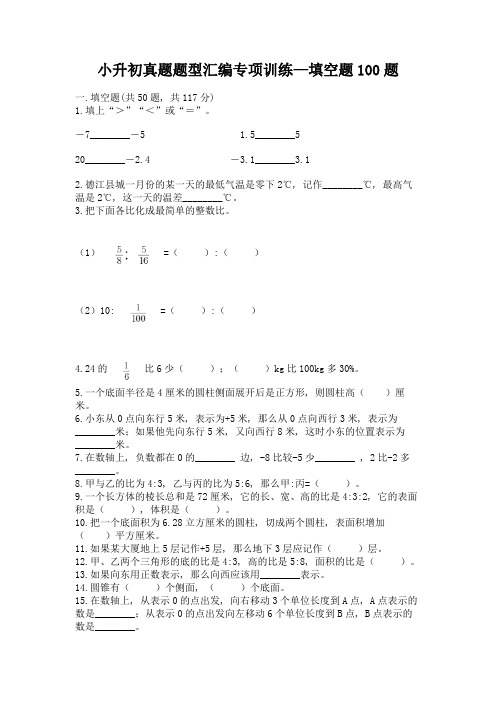 小升初真题题型汇编专项训练—填空题100题及参考答案【综合卷】