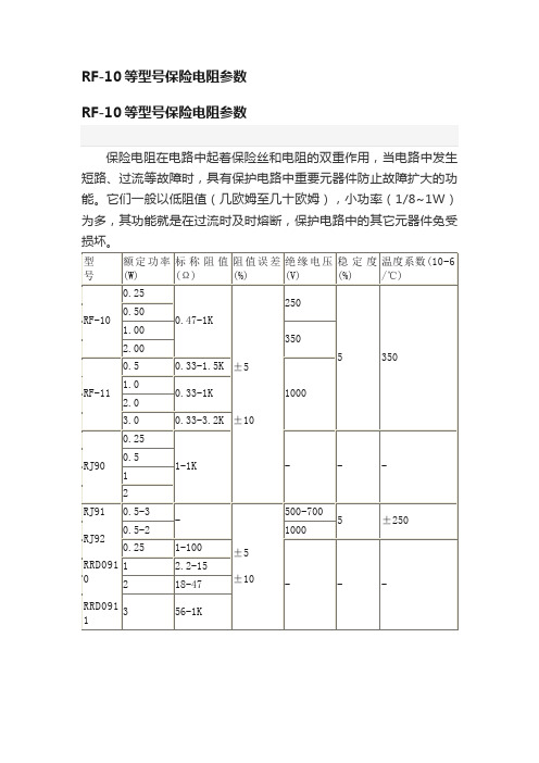 RF-10等型号保险电阻参数