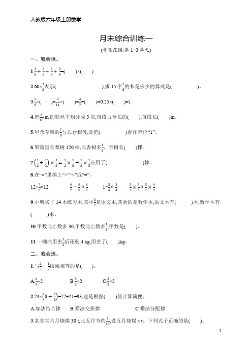 人教版六年级上册数学月末综合训练一(含答案)