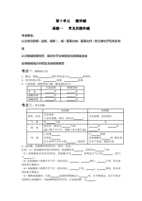 初三化学寒假填空作第十单元酸和碱