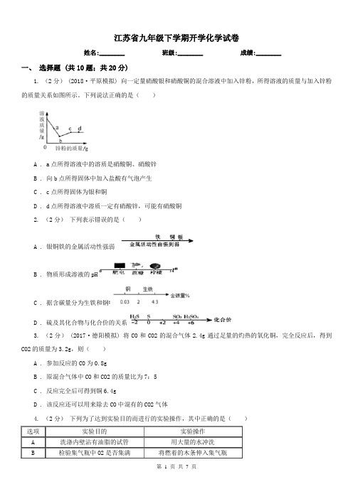 江苏省九年级下学期开学化学试卷