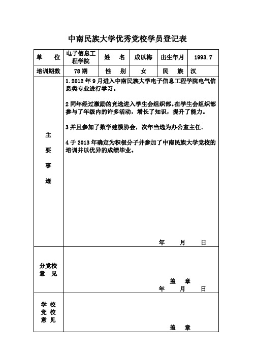 中南民族大学优秀党校学员登记表